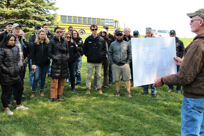 Geoff King, Drainage Superintendent for the municipalities of Bluewater and Central Huron, led discussions on innovative drainage design at the Steenstra Drain. Almost 50 drainage engineers and drainage superintendents learned how integrating nature-based solutions, such as wetlands, and off-line sediment traps, can improve the movement of sediment and water within a watershed.